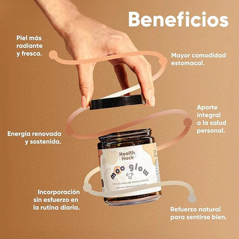 Moo Glow Polvo de Calostro Bovino 3 Pack | 60 g c/u con NutraGamax 40% Inmunoglobulinas