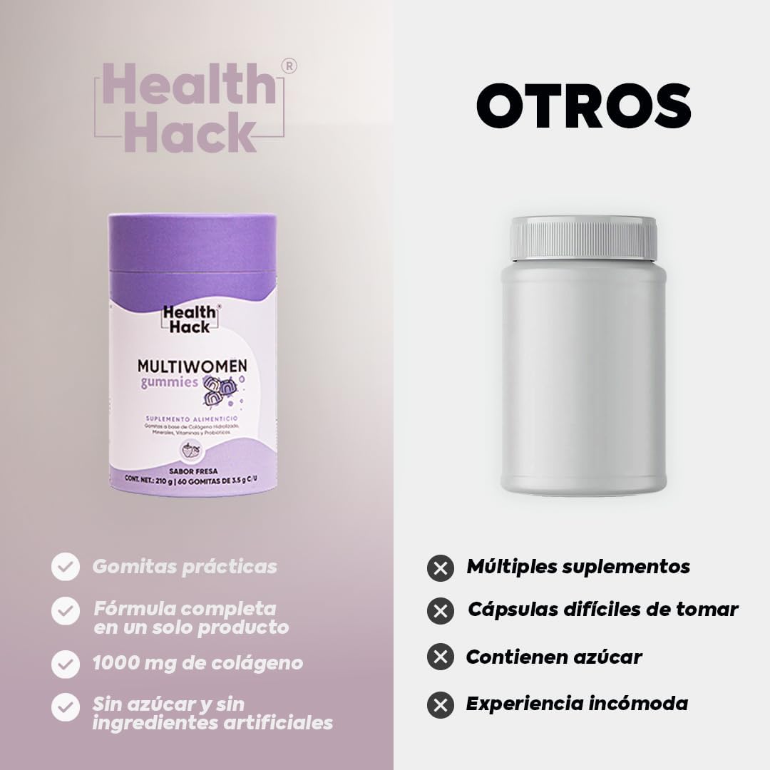 Health Hack Multi Women | Multivitamínico para Mujer con Mio-Inositol, Probióticos, Biotina y Ácido Hialurónico | Sabor Fresa, Sin Azúcar | 60 Gomitas para Adultos