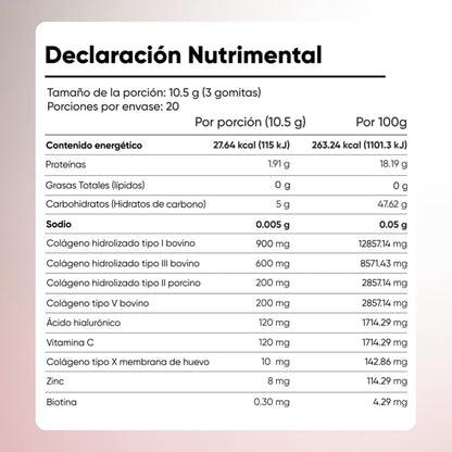 Colágeno Hidrolizado en Gomitas | 5 Tipos de Colágeno I, II, III, V y X + Ácido Hialurónico, Vitamina C, Zinc y Biotina | Sabor Fresa, Sin Azúcar, para Adultos