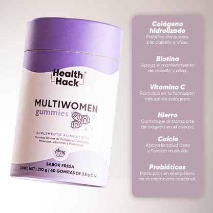 Health Hack Multi Women | Multivitamínico para Mujer con Mio-Inositol, Probióticos, Biotina y Ácido Hialurónico | Sabor Fresa, Sin Azúcar | 60 Gomitas para Adultos