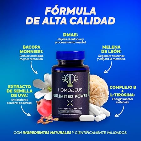 Nootropico para la Mente con Complejo B, Melena de Leon, suplemento natural para Concentracion, Memoria y Agilidad Mental | con L-Carnitina, Bacopa Monnieri, L-Tirosina y Semilla de Uva | 60 capsulas