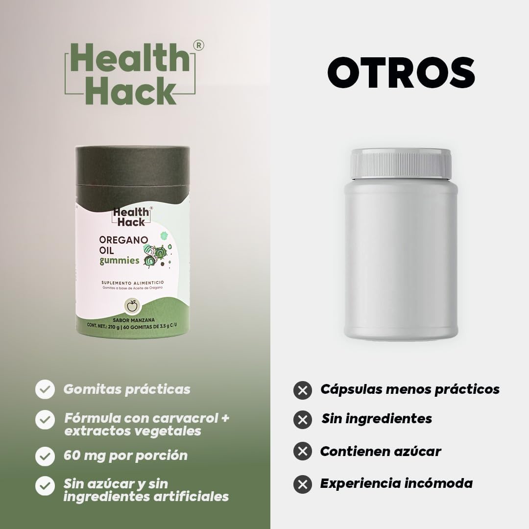 Health Hack Aceite de Orégano en Gomitas para Adultos | 60 mg con 80% Carvacrol, Extracto de Granada y Uva | Suplemento Botánico Vegano Sin Azúcar, Sabor Manzana | 60 o 180 Gomitas