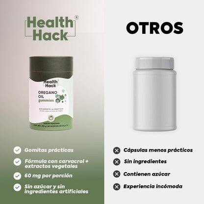 Health Hack Aceite de Orégano en Gomitas para Adultos | 60 mg con 80% Carvacrol, Extracto de Granada y Uva | Suplemento Botánico Vegano Sin Azúcar, Sabor Manzana | 60 o 180 Gomitas