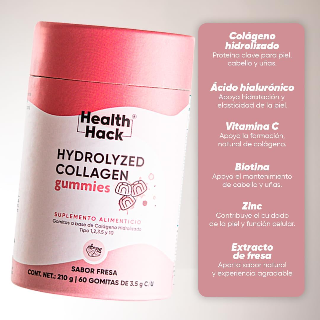 Colágeno Hidrolizado en Gomitas | 5 Tipos de Colágeno I, II, III, V y X + Ácido Hialurónico, Vitamina C, Zinc y Biotina | Sabor Fresa, Sin Azúcar, para Adultos
