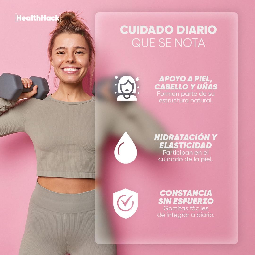 Colágeno Hidrolizado en Gomitas | 5 Tipos de Colágeno I, II, III, V y X + Ácido Hialurónico, Vitamina C, Zinc y Biotina | Sabor Fresa, Sin Azúcar, para Adultos