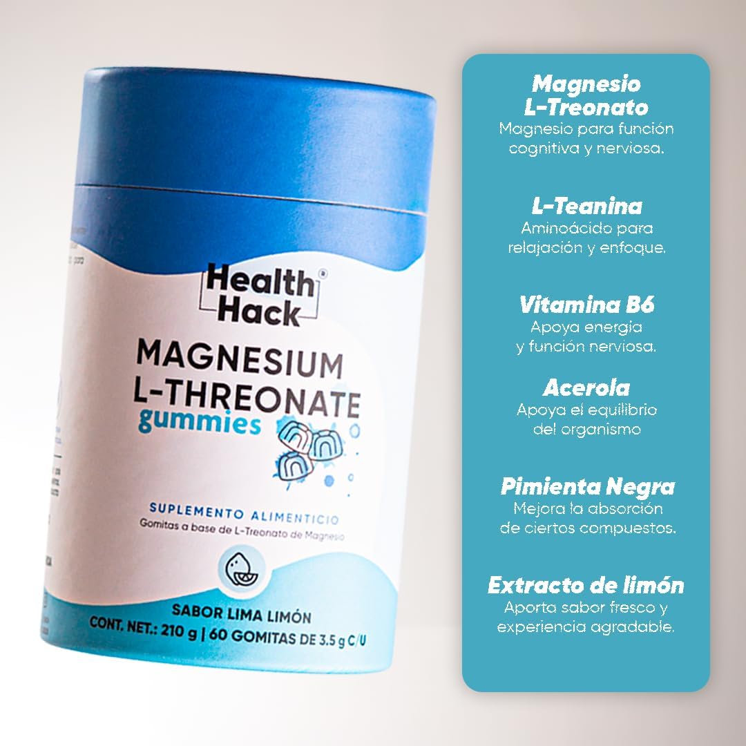 Magnesio L-Treonato en Gomitas | 1500 mg L-Treonato, 120 mg Magnesio Elemental, L-Teanina, Vitamina B6 y Pimienta Negra | Sin Azúcar, Sabor Lima Limón | Gomitas para Adultos
