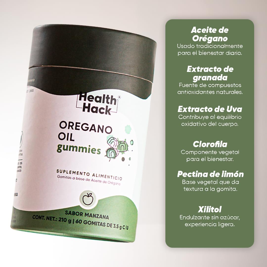 Health Hack Aceite de Orégano en Gomitas para Adultos | 60 mg con 80% Carvacrol, Extracto de Granada y Uva | Suplemento Botánico Vegano Sin Azúcar, Sabor Manzana | 60 o 180 Gomitas