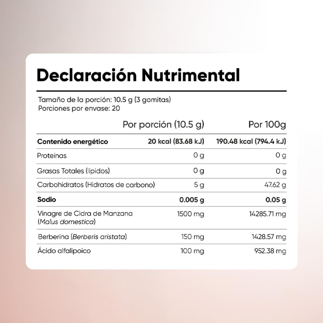 Gomitas de Vinagre de Manzana | Con Berberina y Ácido Alfalipoico | 1750 mg por porción | Sabor Manzana | para Adultos