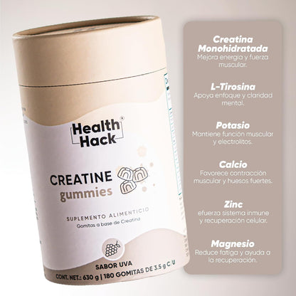 Gomitas de Creatina Monohidratada sabor Uva 5000 mg para Adultos | Con L-tirosina, Sodio, Potasio, Calcio, Magnesio y Zinc | Suplemento Alimenticio