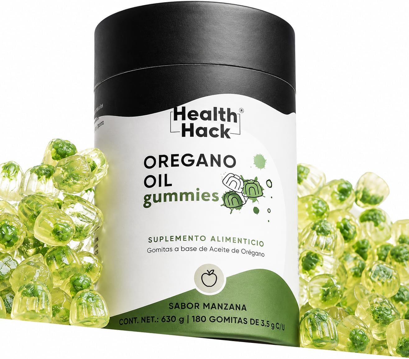Health Hack Aceite de Orégano en Gomitas para Adultos | 60 mg con 80% Carvacrol, Extracto de Granada y Uva | Suplemento Botánico Vegano Sin Azúcar, Sabor Manzana | 60 o 180 Gomitas