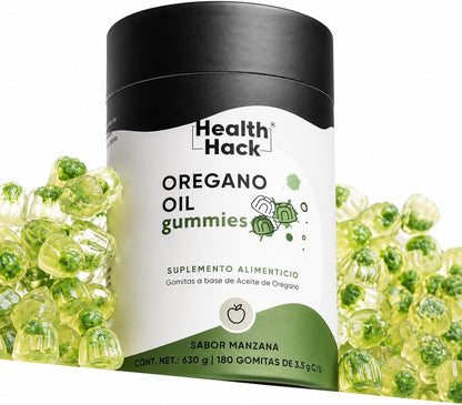 Health Hack Aceite de Orégano en Gomitas para Adultos | 60 mg con 80% Carvacrol, Extracto de Granada y Uva | Suplemento Botánico Vegano Sin Azúcar, Sabor Manzana | 60 o 180 Gomitas