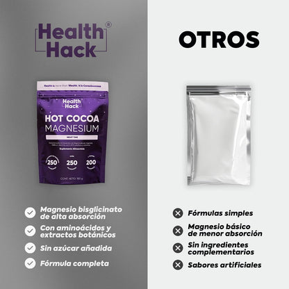 Health Hack Hot Cocoa Noche | Magnesio, GABA, L-Teanina, 5-HTP y Pasiflora | Bebida de Cacao en Polvo Sin Azúcar | 30 Porciones para Relajación y Descanso Nocturno