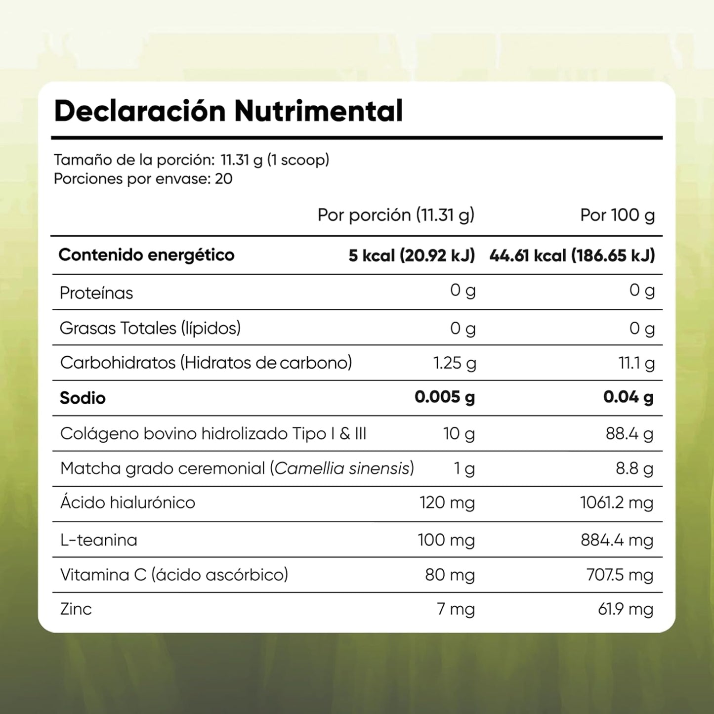 Matcha Ceremonial con Colágeno Hidrolizado en Polvo | 10g Péptidos Tipo I y III, 120mg Ácido Hialurónico, 100mg L-Teanina, Vitamina C y Zinc | 226g 20 Porciones para Piel, Cabello y Bienestar