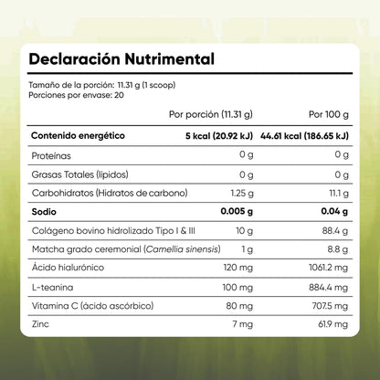 Matcha Ceremonial con Colágeno Hidrolizado en Polvo | 10g Péptidos Tipo I y III, 120mg Ácido Hialurónico, 100mg L-Teanina, Vitamina C y Zinc | 226g 20 Porciones para Piel, Cabello y Bienestar