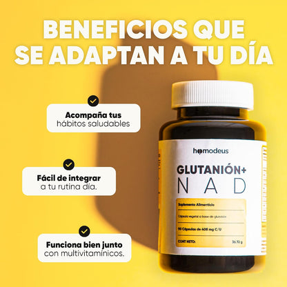 Glutatión 500 mg + NAD+ 200 mg con NAC, Ácido Alfa-Lipoico y CoQ10 | Suplemento Antioxidante en Cápsulas Veganas | Glicina y Glutamina para Bienestar Integral y Energía Celular | Homodeus