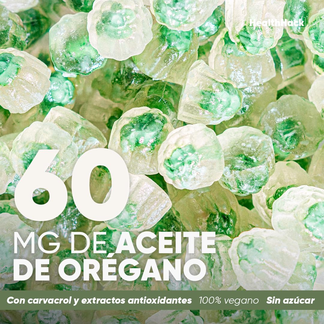Health Hack Aceite de Orégano en Gomitas para Adultos | 60 mg con 80% Carvacrol, Extracto de Granada y Uva | Suplemento Botánico Vegano Sin Azúcar, Sabor Manzana | 60 o 180 Gomitas