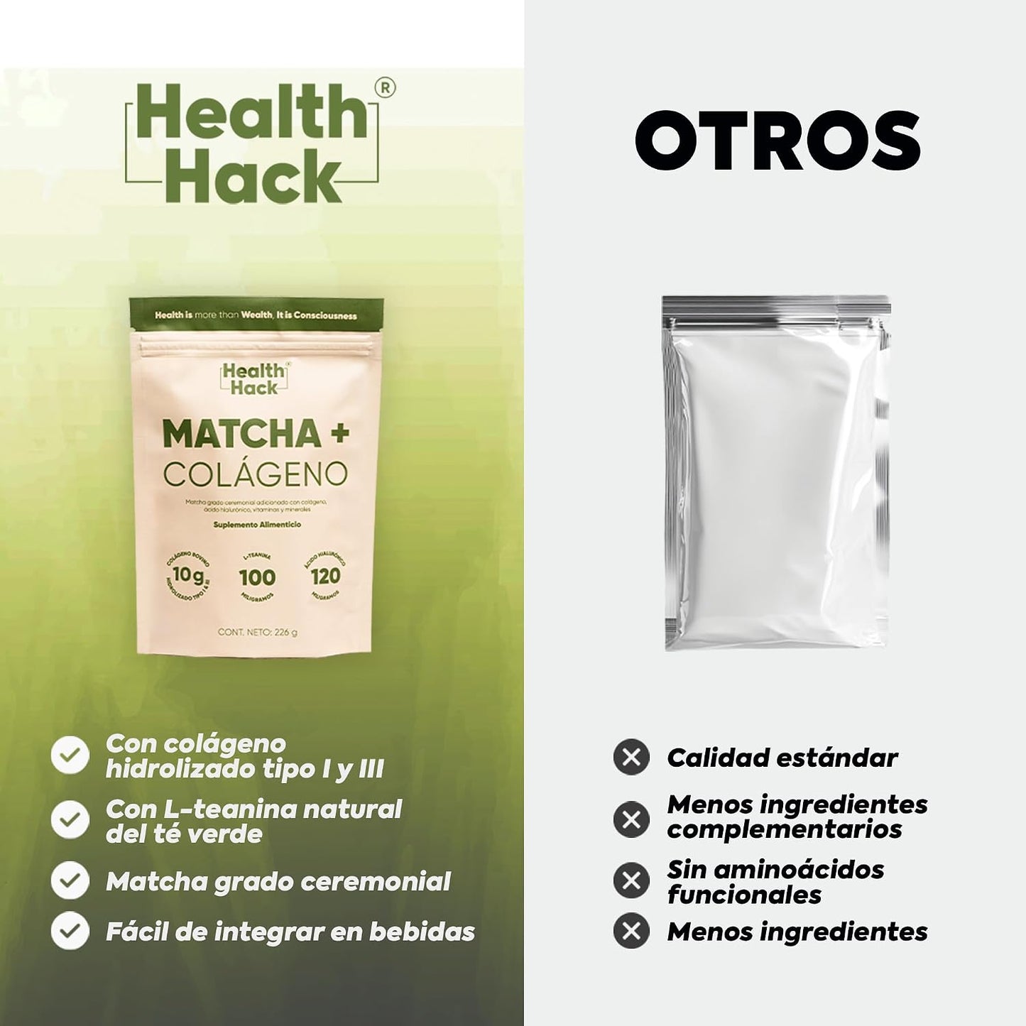 Matcha Ceremonial con Colágeno Hidrolizado en Polvo | 10g Péptidos Tipo I y III, 120mg Ácido Hialurónico, 100mg L-Teanina, Vitamina C y Zinc | 226g 20 Porciones para Piel, Cabello y Bienestar