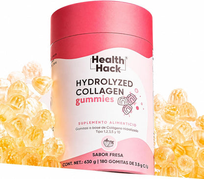 Colágeno Hidrolizado en Gomitas | 5 Tipos de Colágeno I, II, III, V y X + Ácido Hialurónico, Vitamina C, Zinc y Biotina | Sabor Fresa, Sin Azúcar, para Adultos