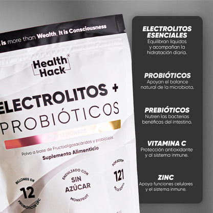 Electrolitos Sin Azúcar + Probióticos | 12 Billones UFC, Sodio, Potasio, Magnesio, Calcio y Zinc | Polvo 30 Porciones Sabor Pink Lemonade para Hidratación Diaria