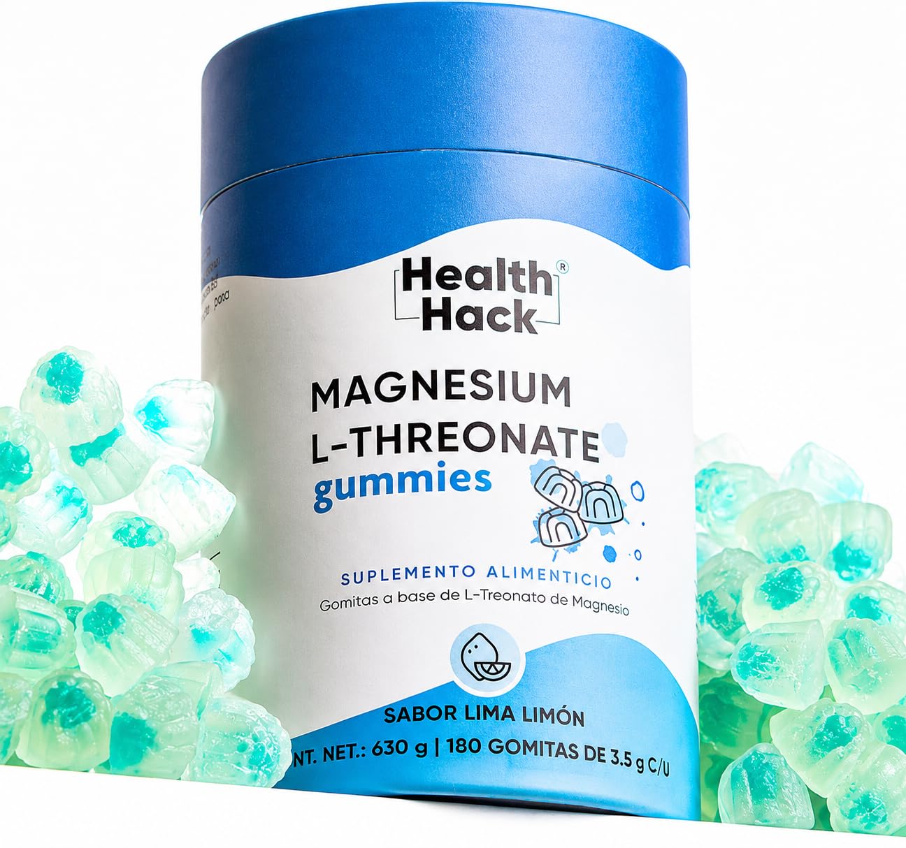 Magnesio L-Treonato en Gomitas | 1500 mg L-Treonato, 120 mg Magnesio Elemental, L-Teanina, Vitamina B6 y Pimienta Negra | Sin Azúcar, Sabor Lima Limón | Gomitas para Adultos