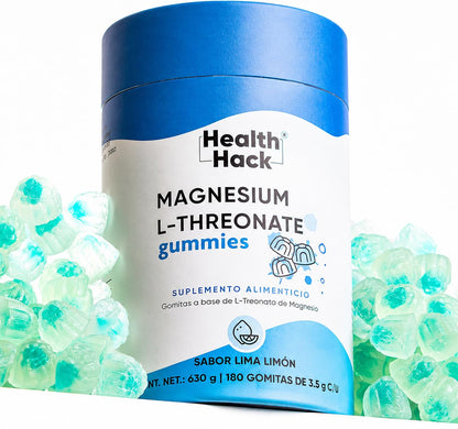 Magnesio L-Treonato en Gomitas | 1500 mg L-Treonato, 120 mg Magnesio Elemental, L-Teanina, Vitamina B6 y Pimienta Negra | Sin Azúcar, Sabor Lima Limón | Gomitas para Adultos