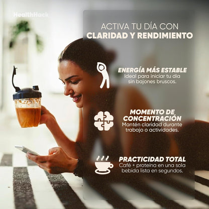 Health Hack Protein Iced Coffee | 12 g Proteína Aislada de Suero, MCT, L-Tirosina y L-Teanina | Polvo Sabor Caramelo 190 g, 10 Porciones para tu Rutina Diaria