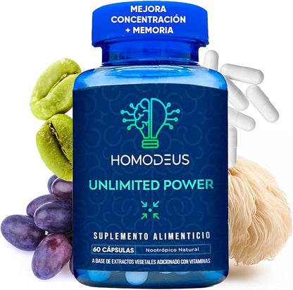 Nootropico para la Mente con Complejo B, Melena de Leon, suplemento natural para Concentracion, Memoria y Agilidad Mental | con L-Carnitina, Bacopa Monnieri, L-Tirosina y Semilla de Uva | 60 capsulas