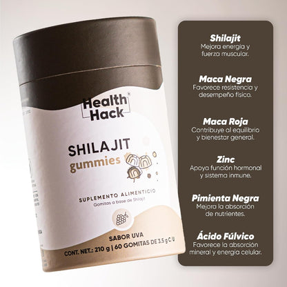 Gomitas de Shilajit con Maca Negra, Maca Roja, Zinc y Pimienta Negra | Energía y Vitalidad para Adultos | 500 mg Shilajit por porción