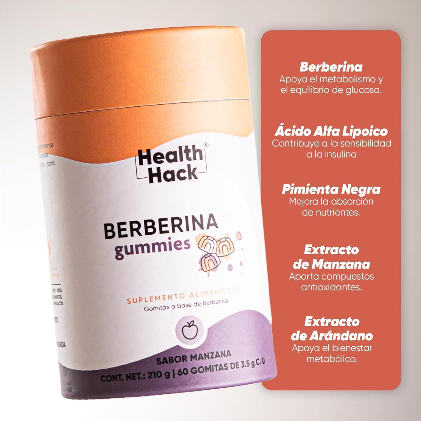 Berberina (Berberis aristata) en Gomitas 500 mg sabor Manzana para Adultos | Con Ácido Alfa Lipoico y Pimienta Negra (Piper nigrum) | Suplemento Alimenticio