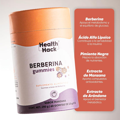Berberina (Berberis aristata) en Gomitas 500 mg sabor Manzana para Adultos | Con Ácido Alfa Lipoico y Pimienta Negra (Piper nigrum) | Suplemento Alimenticio