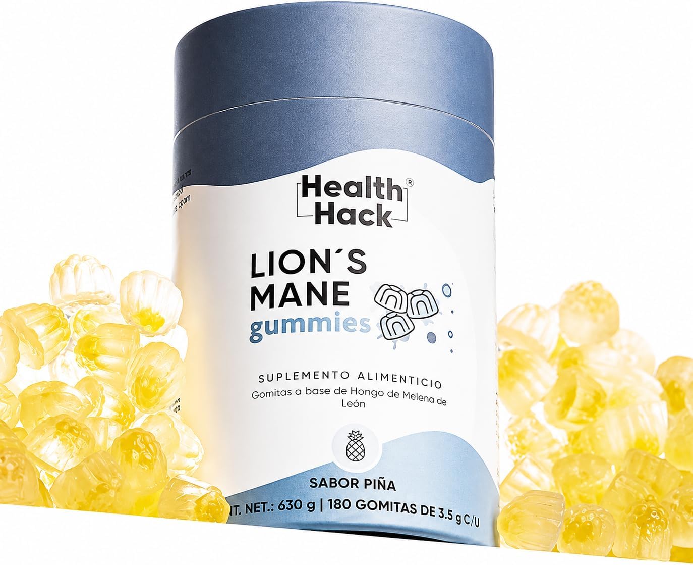 Melena de León en Gomitas | 1000 mg de Adaptógeno con Bacopa Monnieri, L-Teanina y Vitamina B12 | Gomitas Sabor Piña para Adultos