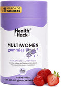 Health Hack Multi Women | Multivitamínico para Mujer con Mio-Inositol, Probióticos, Biotina y Ácido Hialurónico | Sabor Fresa, Sin Azúcar | 60 Gomitas para Adultos