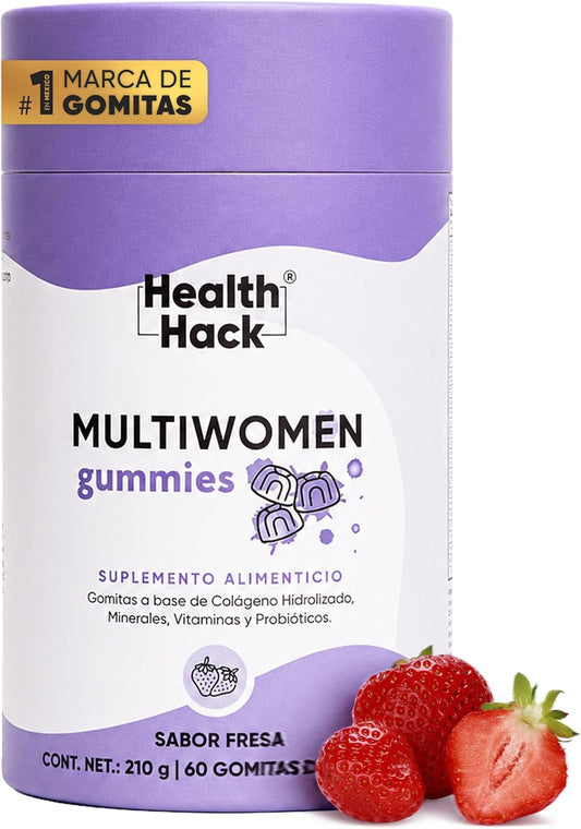 Health Hack Multi Women | Multivitamínico para Mujer con Mio-Inositol, Probióticos, Biotina y Ácido Hialurónico | Sabor Fresa, Sin Azúcar | 60 Gomitas para Adultos