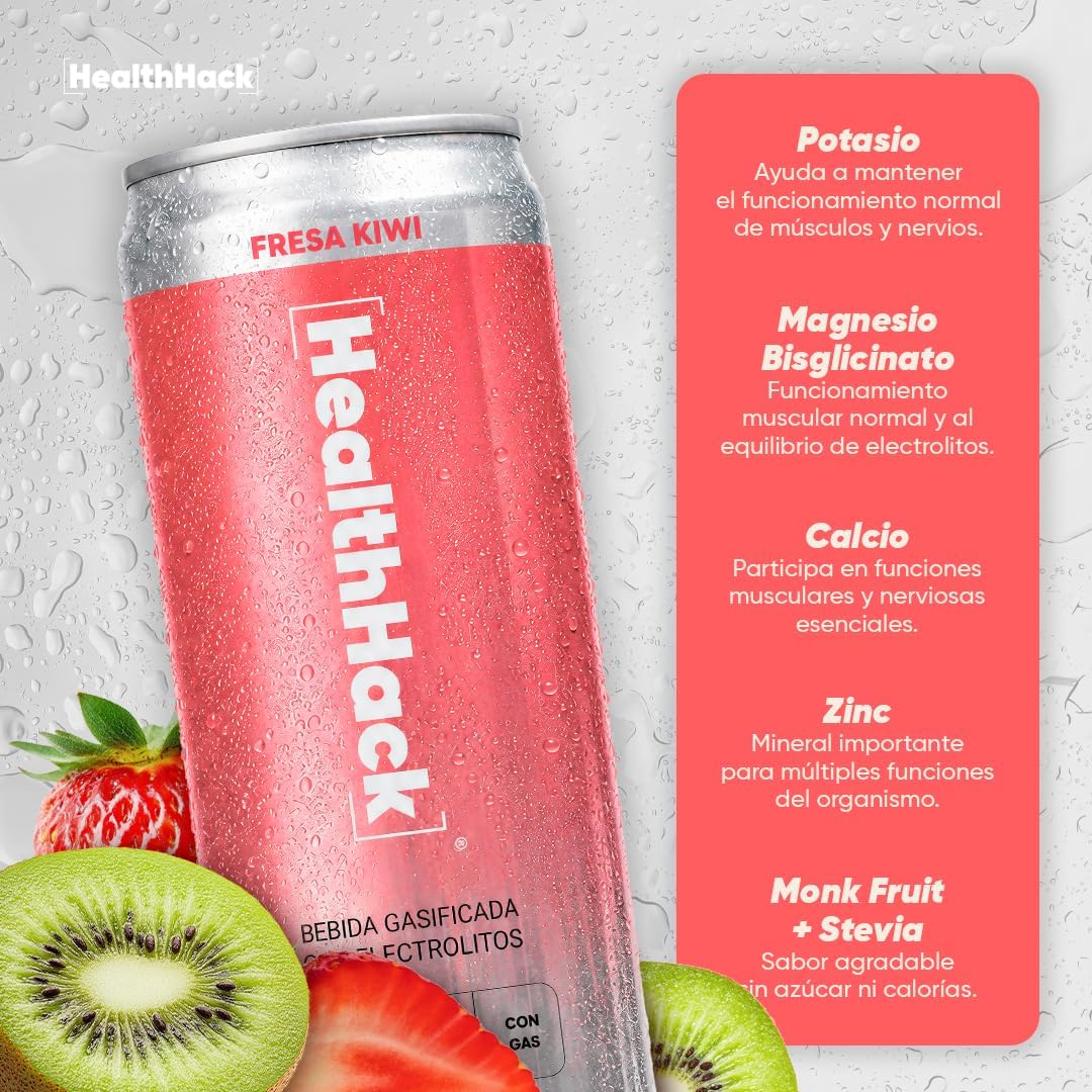 Bebida Gasificada con Electrolitos Fresa Kiwi | Sin Azúcar, 0 Calorías y Sin Cafeína | 8 Latas de 355 ml para Hidratación y Recuperación Física
