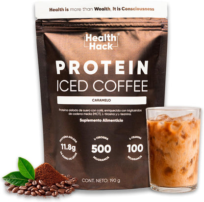 Health Hack Protein Iced Coffee | 12 g Proteína Aislada de Suero, MCT, L-Tirosina y L-Teanina | Polvo Sabor Caramelo 190 g, 10 Porciones para tu Rutina Diaria