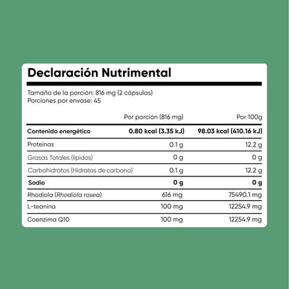 Rhodiola Rosea con L-Teanina y Coenzima Q10 | Cápsulas Vegetales Adaptógenas | 616 mg Rhodiola, 100 mg L-Teanina, 100 mg CoQ10 por Porción para Apoyar la Calma