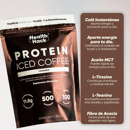 Health Hack Protein Iced Coffee | 12 g Proteína Aislada de Suero, MCT, L-Tirosina y L-Teanina | Polvo Sabor Caramelo 190 g, 10 Porciones para tu Rutina Diaria