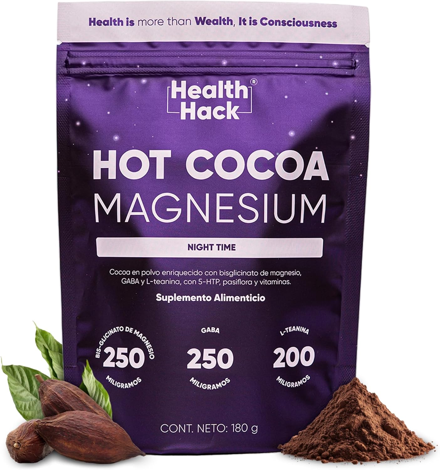 Health Hack Hot Cocoa Noche | Magnesio, GABA, L-Teanina, 5-HTP y Pasiflora | Bebida de Cacao en Polvo Sin Azúcar | 30 Porciones para Relajación y Descanso Nocturno