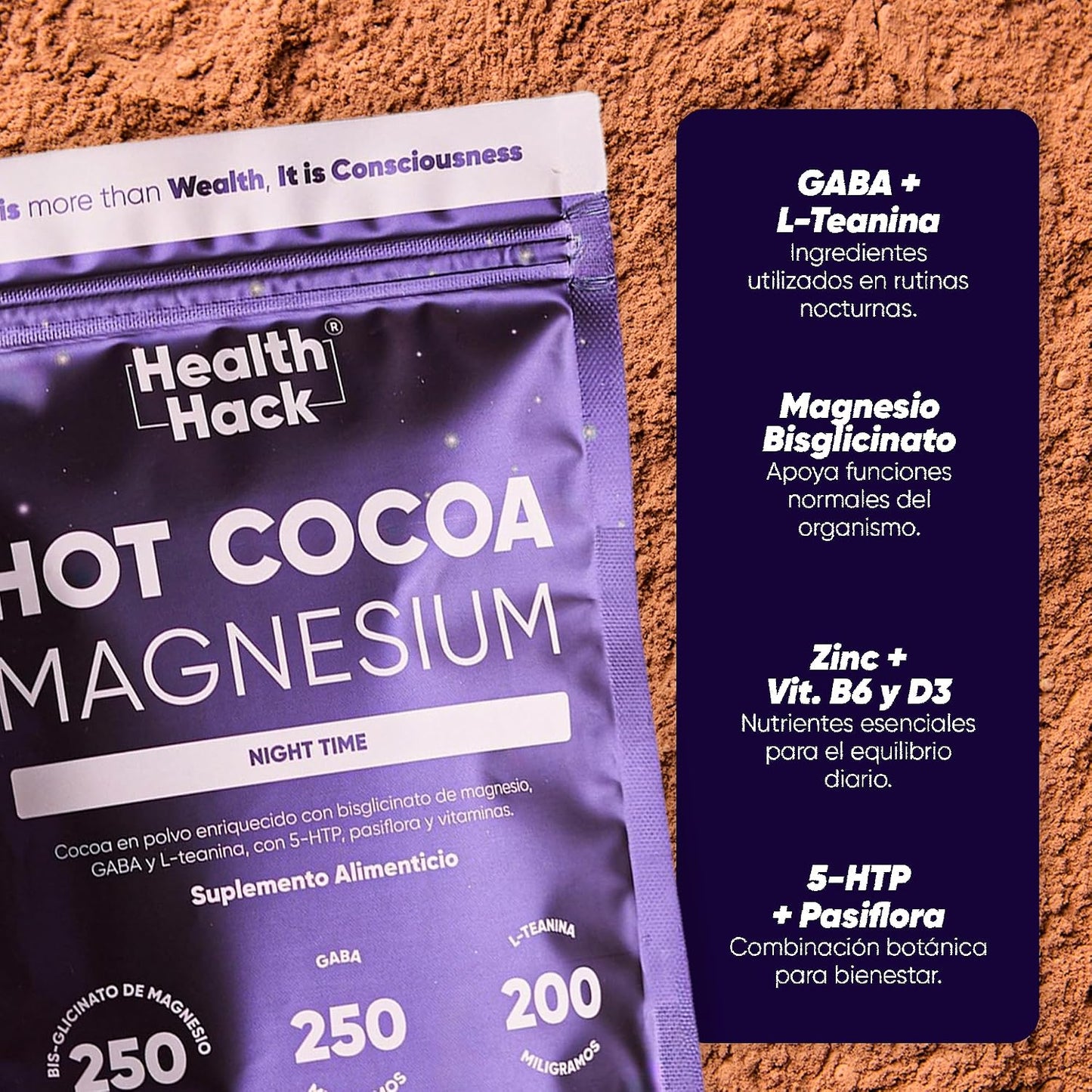 Health Hack Hot Cocoa Noche | Magnesio, GABA, L-Teanina, 5-HTP y Pasiflora | Bebida de Cacao en Polvo Sin Azúcar | 30 Porciones para Relajación y Descanso Nocturno