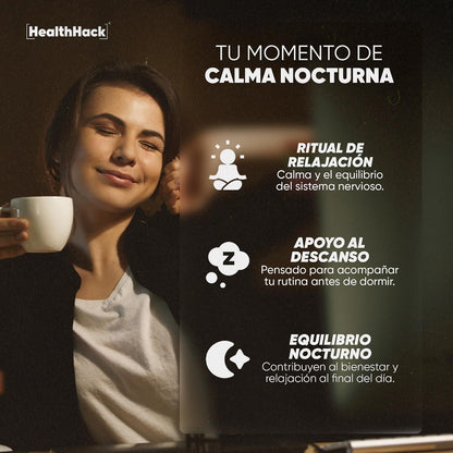 Health Hack Hot Cocoa Noche | Magnesio, GABA, L-Teanina, 5-HTP y Pasiflora | Bebida de Cacao en Polvo Sin Azúcar | 30 Porciones para Relajación y Descanso Nocturno