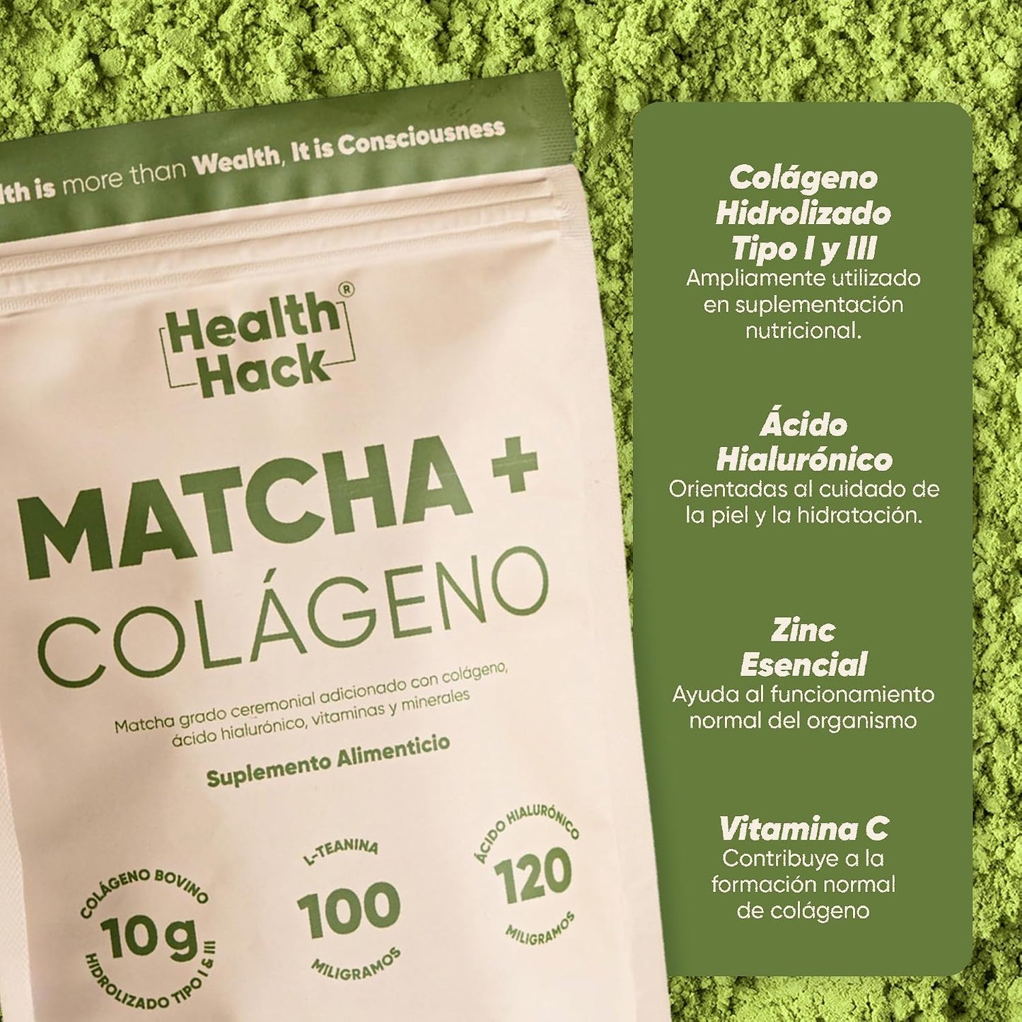 Matcha Ceremonial con Colágeno Hidrolizado en Polvo | 10g Péptidos Tipo I y III, 120mg Ácido Hialurónico, 100mg L-Teanina, Vitamina C y Zinc | 226g 20 Porciones para Piel, Cabello y Bienestar