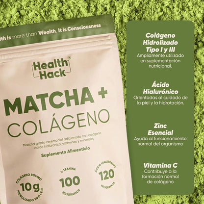 Matcha Ceremonial con Colágeno Hidrolizado en Polvo | 10g Péptidos Tipo I y III, 120mg Ácido Hialurónico, 100mg L-Teanina, Vitamina C y Zinc | 226g 20 Porciones para Piel, Cabello y Bienestar