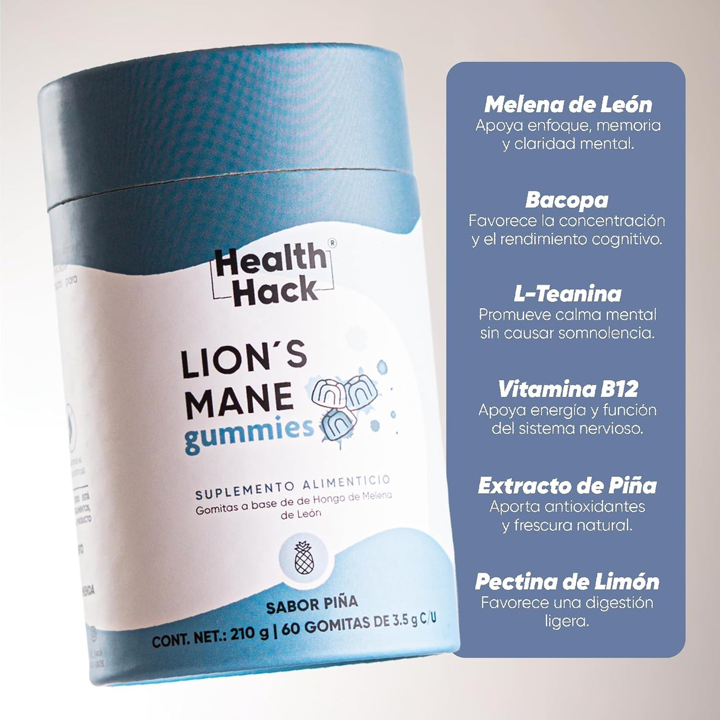 Melena de León en Gomitas | 1000 mg de Adaptógeno con Bacopa Monnieri, L-Teanina y Vitamina B12 | Gomitas Sabor Piña para Adultos