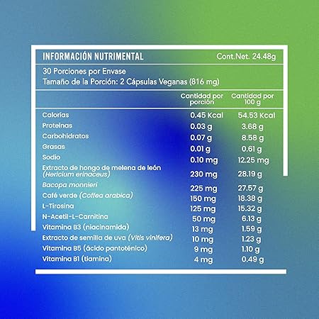 Nootropico para la Mente con Complejo B, Melena de Leon, suplemento natural para Concentracion, Memoria y Agilidad Mental | con L-Carnitina, Bacopa Monnieri, L-Tirosina y Semilla de Uva | 60 capsulas