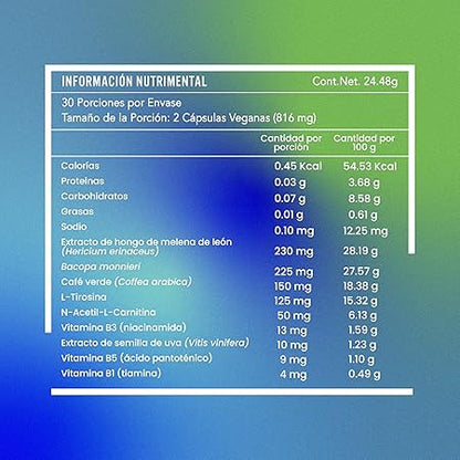 Nootropico para la Mente con Complejo B, Melena de Leon, suplemento natural para Concentracion, Memoria y Agilidad Mental | con L-Carnitina, Bacopa Monnieri, L-Tirosina y Semilla de Uva | 60 capsulas