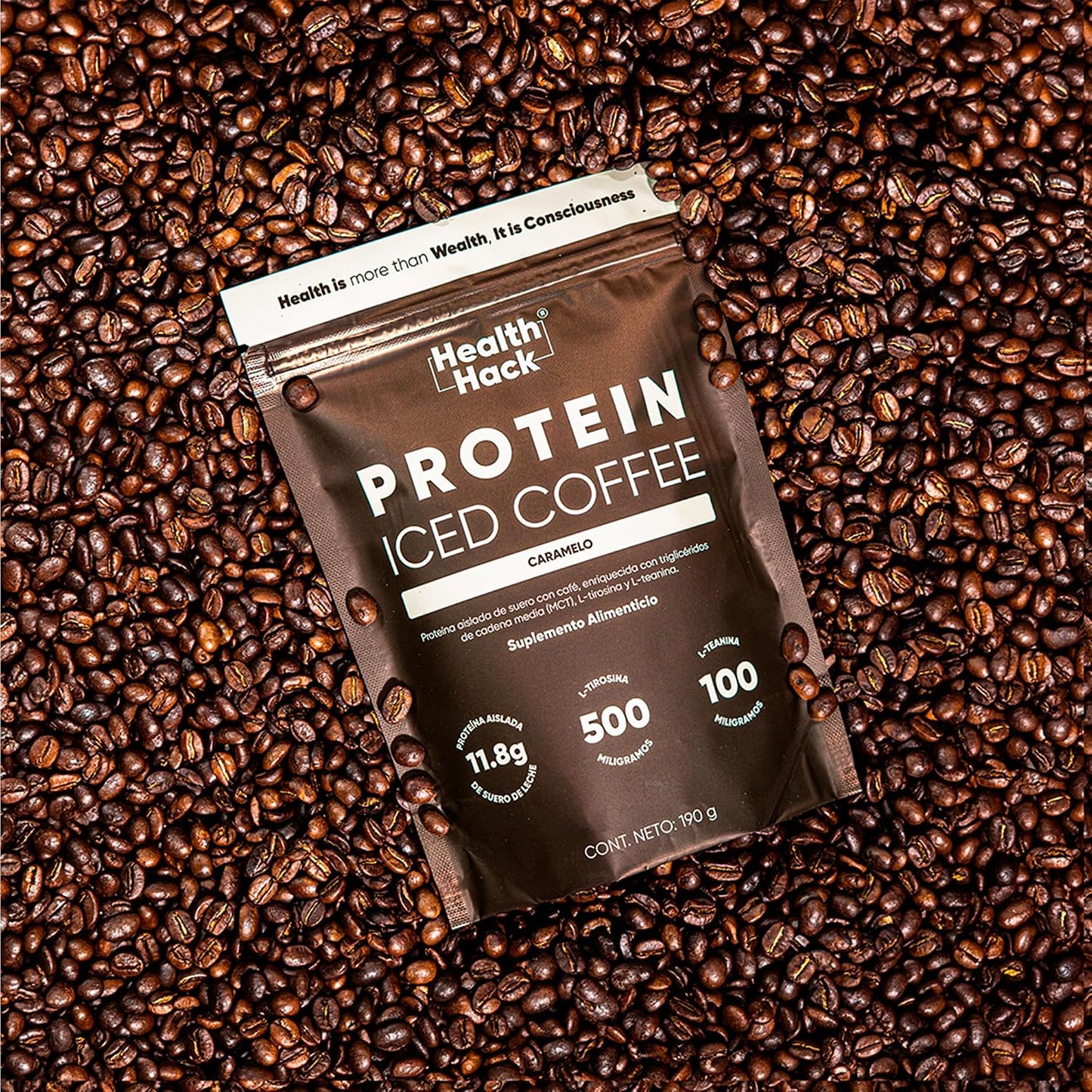 Health Hack Protein Iced Coffee | 12 g Proteína Aislada de Suero, MCT, L-Tirosina y L-Teanina | Polvo Sabor Caramelo 190 g, 10 Porciones para tu Rutina Diaria