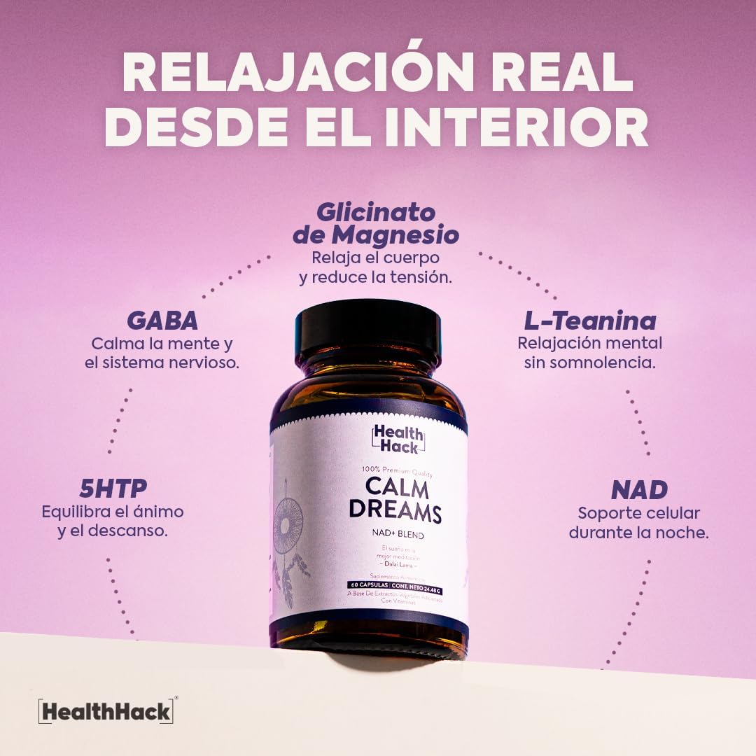Calm Dreams Suplemento Natural para Relajación Nocturna | Vegano, Sin Azúcar ni Melatonina