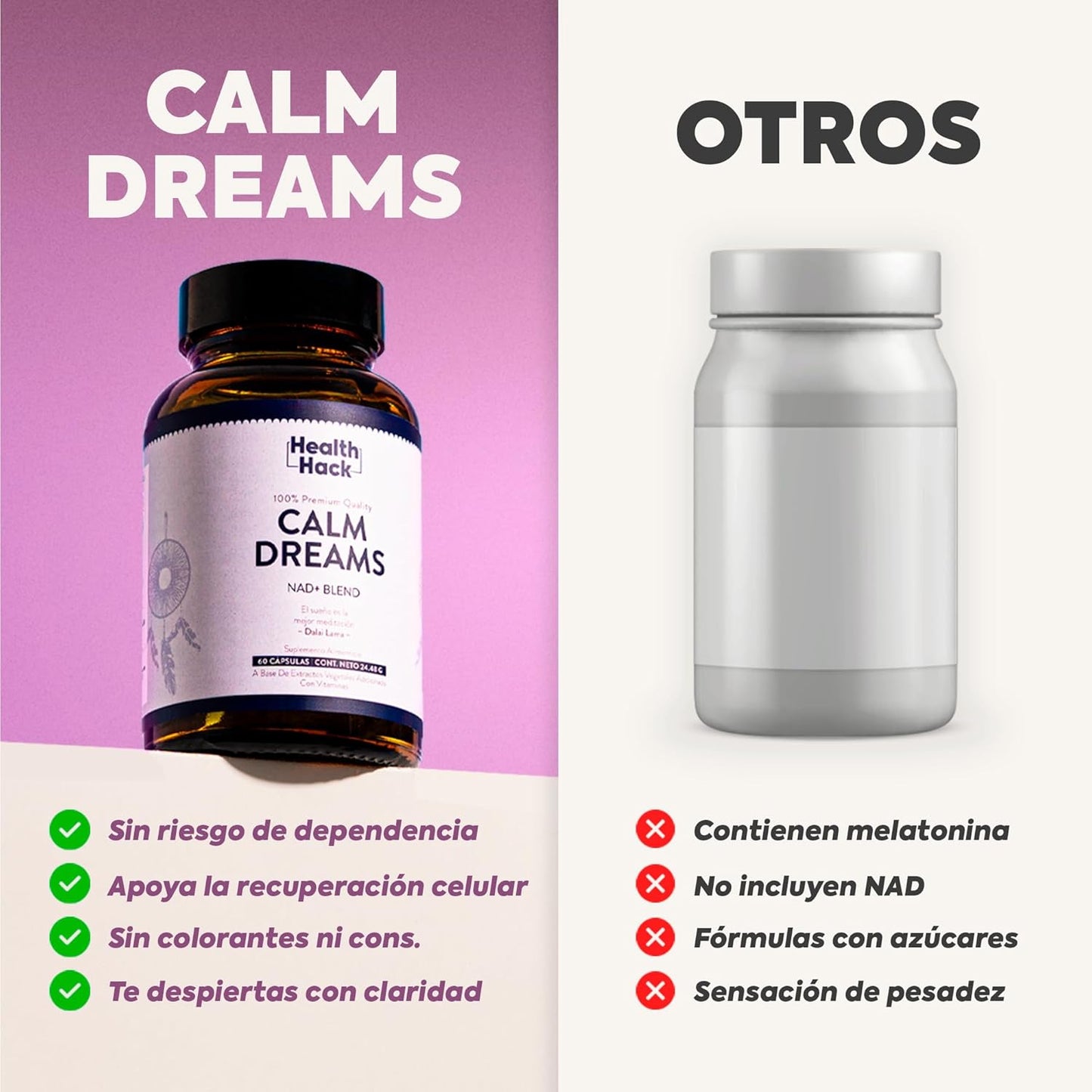 Calm Dreams Suplemento Natural para Relajación Nocturna | Vegano, Sin Azúcar ni Melatonina