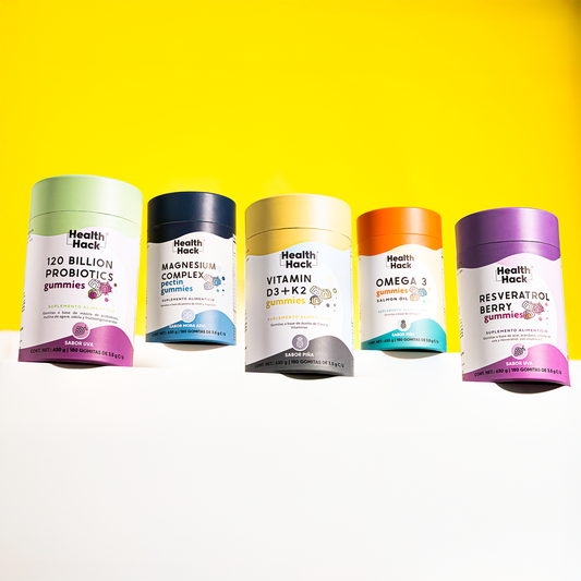 Longevity Essentials Gummy Kit 120 Billion Probiotics, Omega 3 1000 mg, Vitamina D3 + K2, Magnesio Complex y Resveratrol 1000 mg