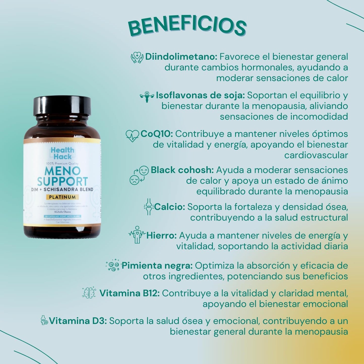 Meno Support Platinum Suplemento Contra Síntomas de Menopausia | Equilibrio Hormonal  Fórmula premium con CoQ10
